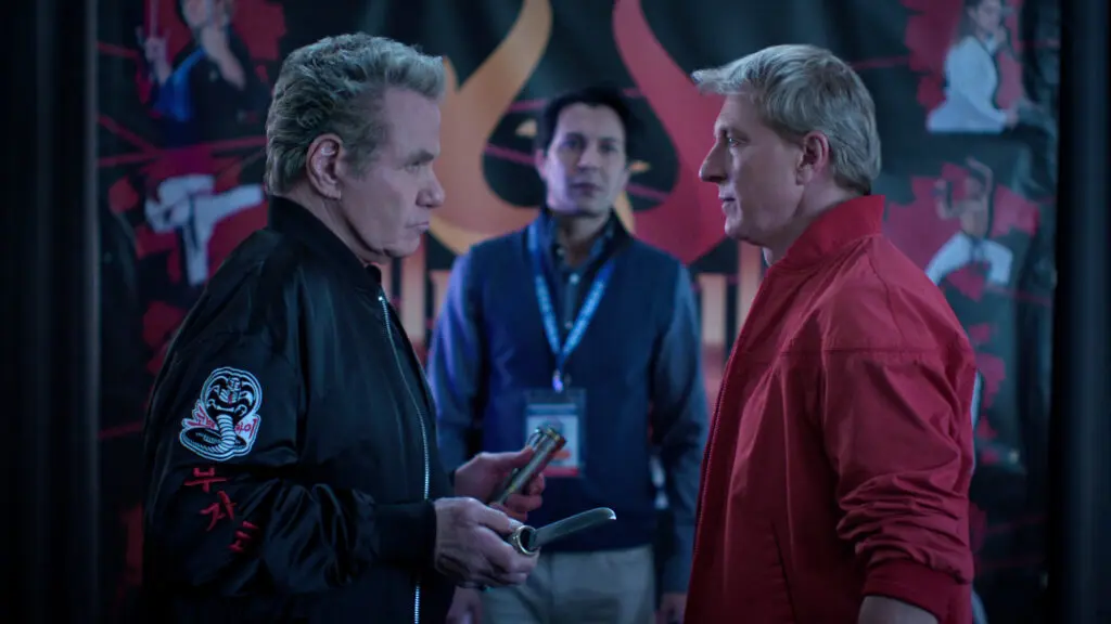 (L to R) Martin Kove as John Kreese, William Zabka as Johnny Lawrence in Cobra Kai.