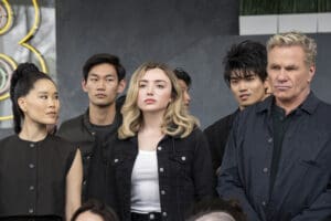 (L to R) Alicia Hannah-Kim as Kim Da-Eun, Daniel Kim as Yoon, Peyton List as Tory Nichols, Brandon H. Lee as Kwon, Martin Kove as John Kreese in Cobra Kai.