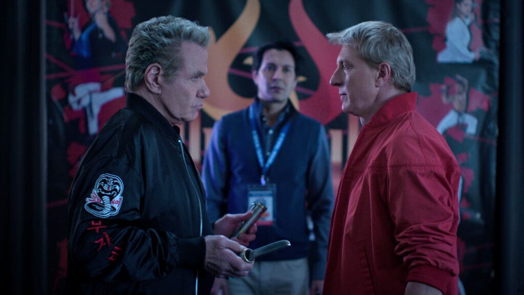 (L to R) Martin Kove as John Kreese, William Zabka as Johnny Lawrence in Cobra Kai.