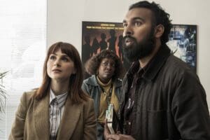 Aya Cash, Lolly Adefope, amd Himesh Patel in The Franchise