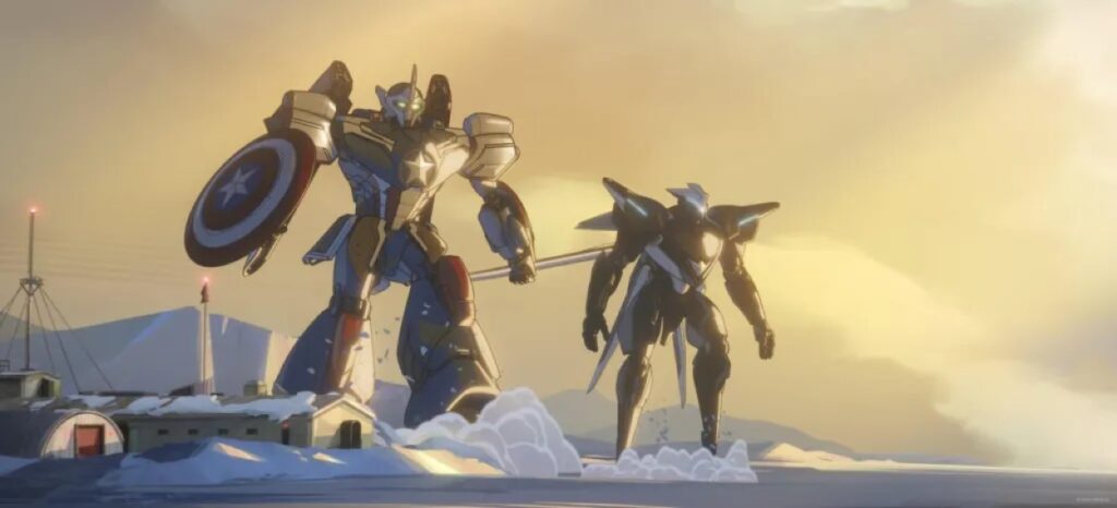 A still from Marvel's What If...? depicting the Mech Avengers