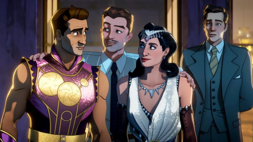 Kingo, Howard Stark, Agatha Harkness and Edwin Jarvis in Marvel's What If...?