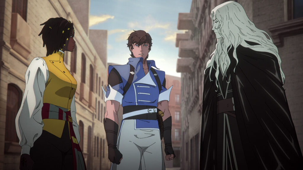 (L to R) Thuso Mbedu as Annette, Edward Bluemel as Richter Belmont, James Callis as Alucard in Castlevania: Nocturne S2.