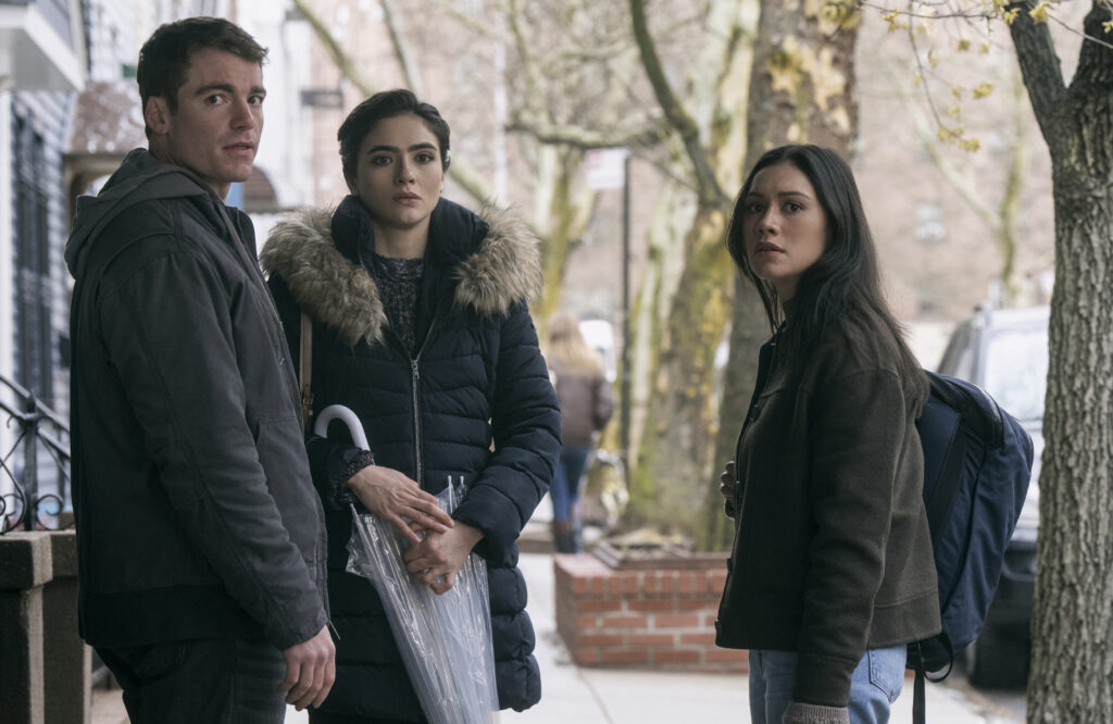 (L to R) Gabriel Basso as Peter Sutherland, Arienne Mandi as Noor, Luciane Buchanan as Rose Larkin in episode 205 of The Night Agent.