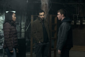 (L to R) Amanda Warren as Catherine, Marwan Kenzari as Sami Saidi, Gabriel Basso as Peter Sutherland in episode 205 of The Night Agent.