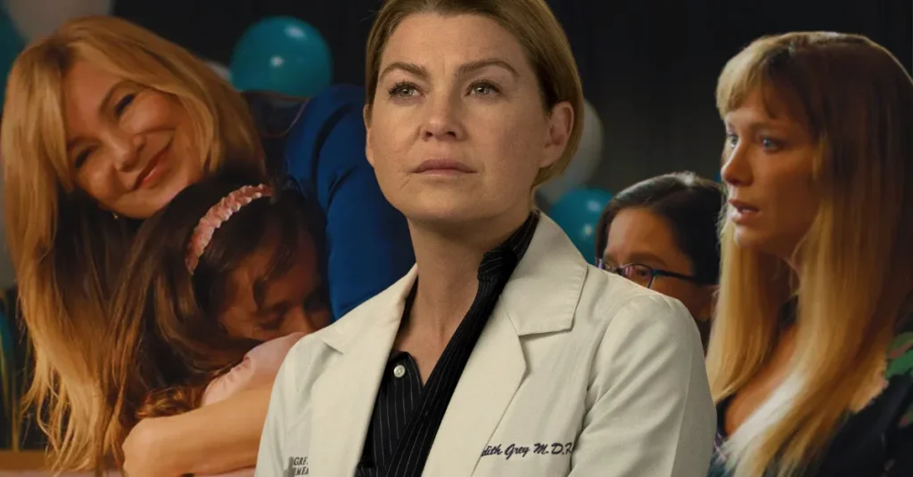 An image of Ellen Pompeo at the front and scenes from Good American Family behind her