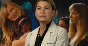 An image of Ellen Pompeo at the front and scenes from Good American Family behind her