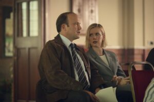 (L to R) Rory Kinnear as Des, Lauren Lyle as Dani in Episode 3 of Toxic Town.