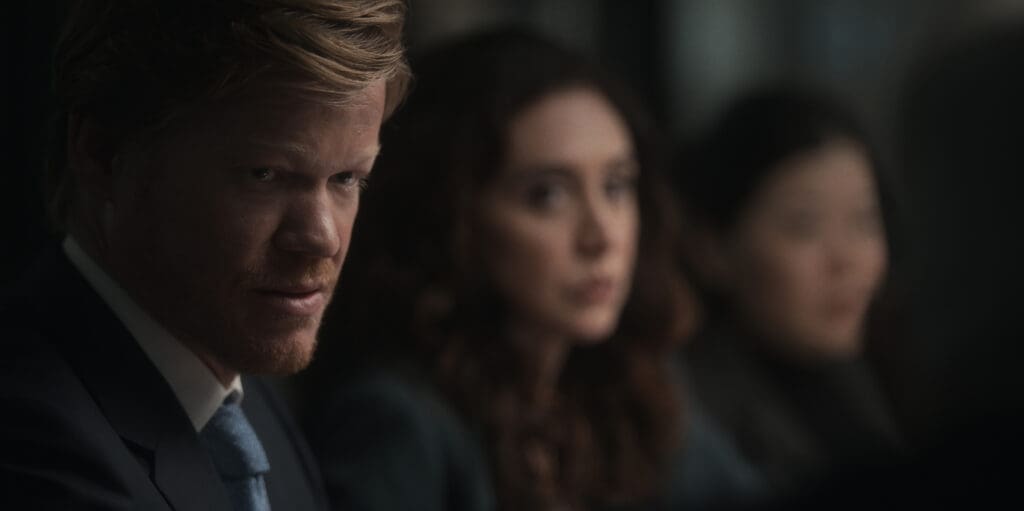 (L to R) Jesse Plemons as Roger Carlson, Mozhan Navabi as Melissa Kornblau, and Eden Lee as Agent Angela Kim in Episode 102 of Zero Day.