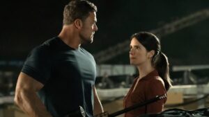 Alan Ritchson and Sonya Cassidy in Reacher Season 3