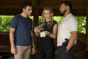 Josh McKenzie, Melissa Roxburgh and Patrick Sabongui in The Hunting Party