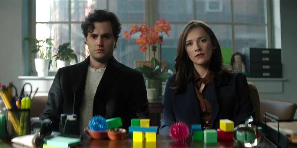 Still image of Penn Badgley as Joe Goldberg, Charlotte Ritchie as Kate Lockwood in You Season 5, Episode 2