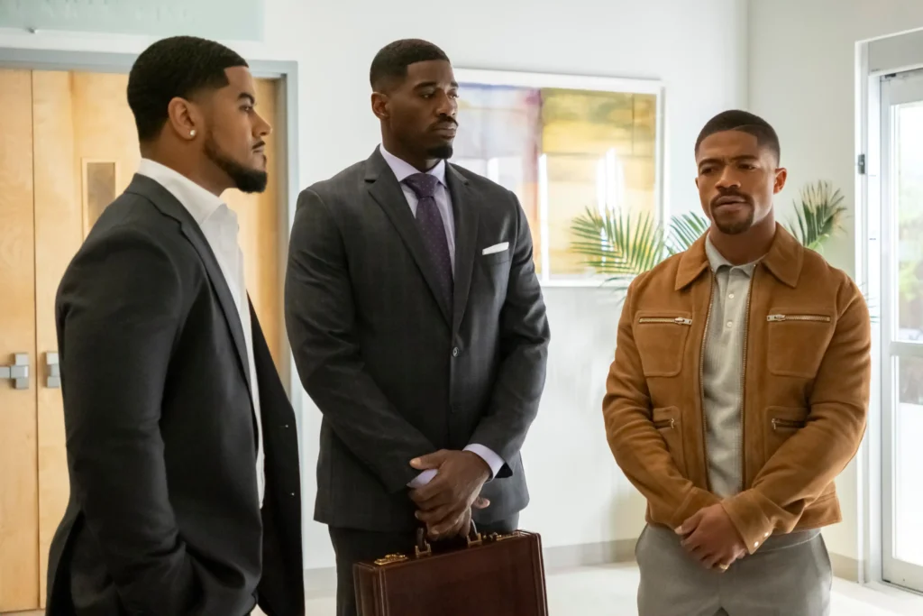 (L to R) Julian Horton as Roy, Terrell Carter as Varney, Steven G. Norfleet as Charles in episode 201 of Beauty In Black.