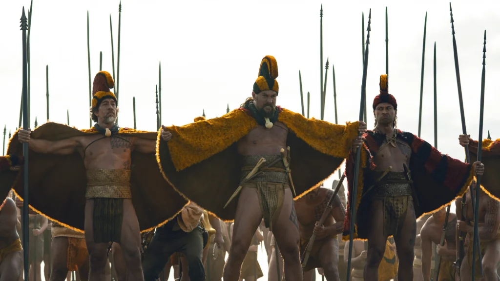 Moses Goods, Jason Momoa and Te Kohe Tuhaka in Chief of War