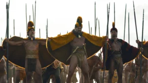 Moses Goods, Jason Momoa and Te Kohe Tuhaka in Chief of War