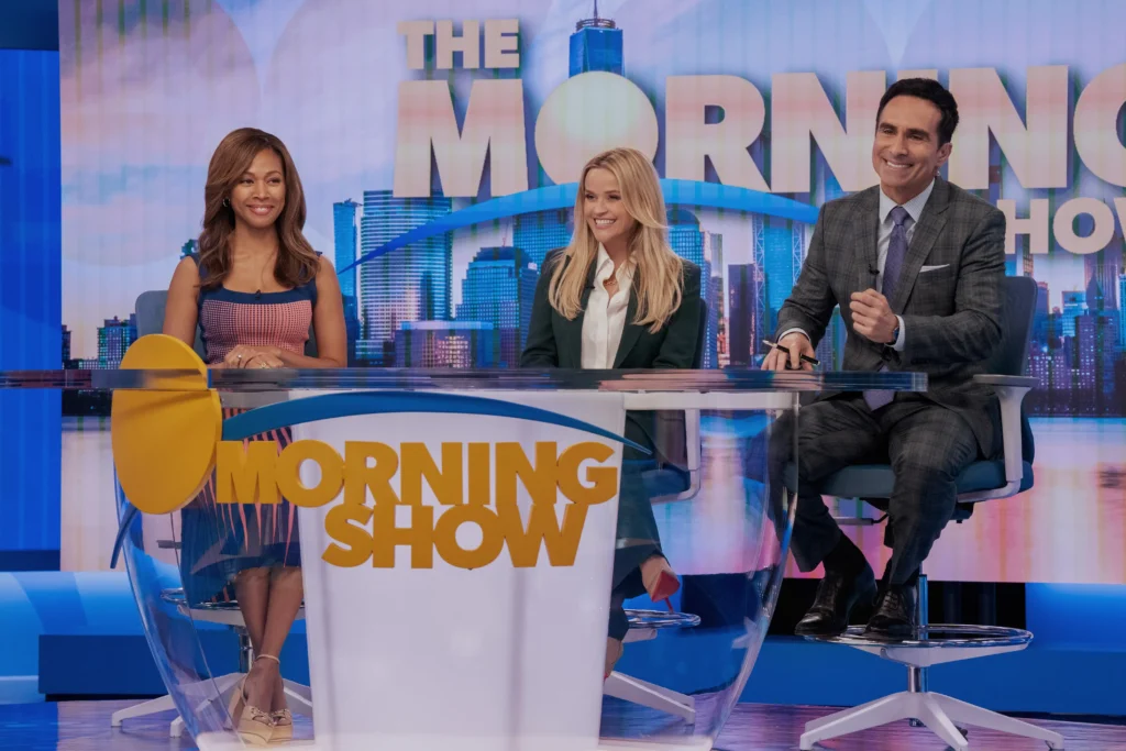 Nicole Beharie, Reese Witherspoon and Nestor Carbonell in The Morning Show Season 4