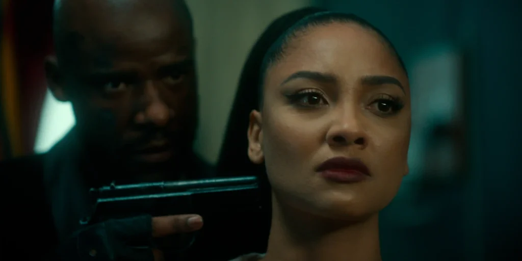 (L to R) Vincent Mahlape as Bra Alex, Jo-Anne Reyneke as B.K/Bhabekile Msinga in Bad Influencer.