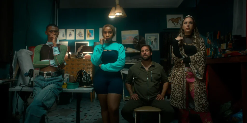 (L to R) Kamohelo Pule as Lelz, Cindy Mahlangu as Pinky/Pulane Nkosazana Zwane, Emmanuel Castis as Baquil Balbek, Julia Anastaspolous as Duni Balbek in Bad Influencer