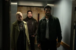 (L to R) Clara Dessau as Sara/Tea, Dan Boie Kratfeldt as Niko, Afshin Firouzi as Miran in The Asset.