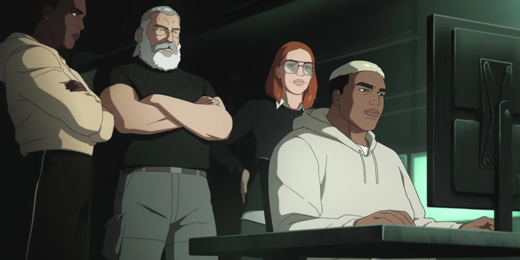 (L to R) Kirby Howell-Baptiste as Zinnia McKenna, Liev Schreiber as Sam Fisher, Janet Varney as Anna Grimsdottir and Joel Oulette as Thunder in Splinter Cell: Deathwatch.