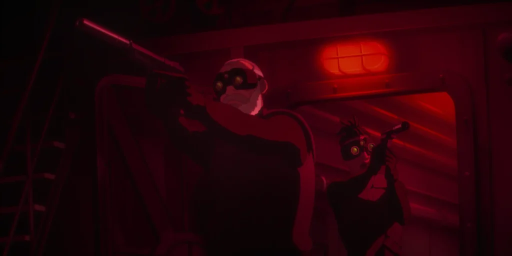 Liev Schreiber as Sam Fisher and Kirby Howell-Baptiste as Zinnia McKenna in Splinter Cell: Deathwatch S1.