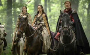 A still from MGM+'s Robin Hood including Lydia Peckham and Sean Bean