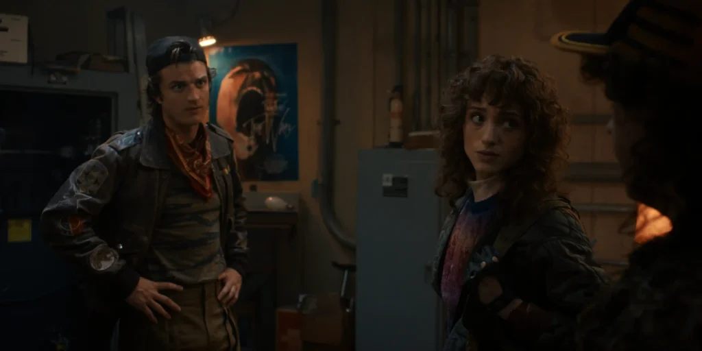 (L to R) Joe Keery as Steve Harrington, Natalia Dyer as Nancy Wheeler, and Gaten Matarazzo as Dustin Henderson in Stranger Things: Season 5