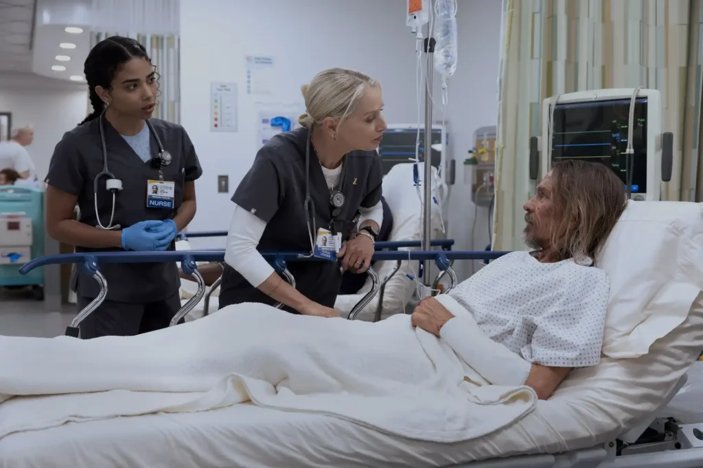 Laetitia Hollard, Katherine Lanasa and Charles Edward Baker in The Pitt Season 2