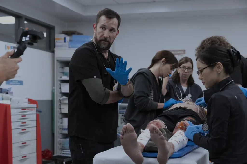 Noah Wyle, Fiona Dourif and Irene Choi in The Pitt Season 2