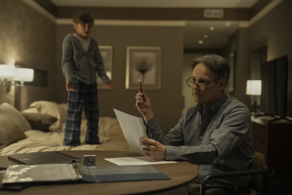 Callum Vinson as The Son, Stephen Moyer as The Father in episode 303 of The Night Agent.