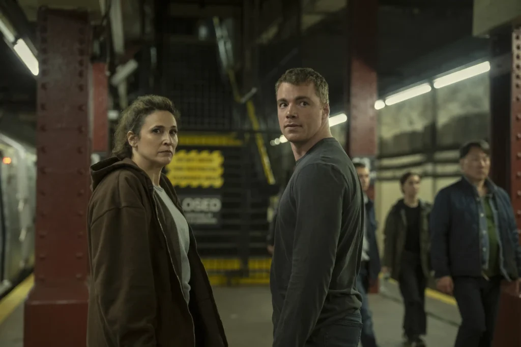 (L to R) Michaela Watkins as Freya, Gabriel Basso as Peter Sutherland in episode 310 of The Night Agent.