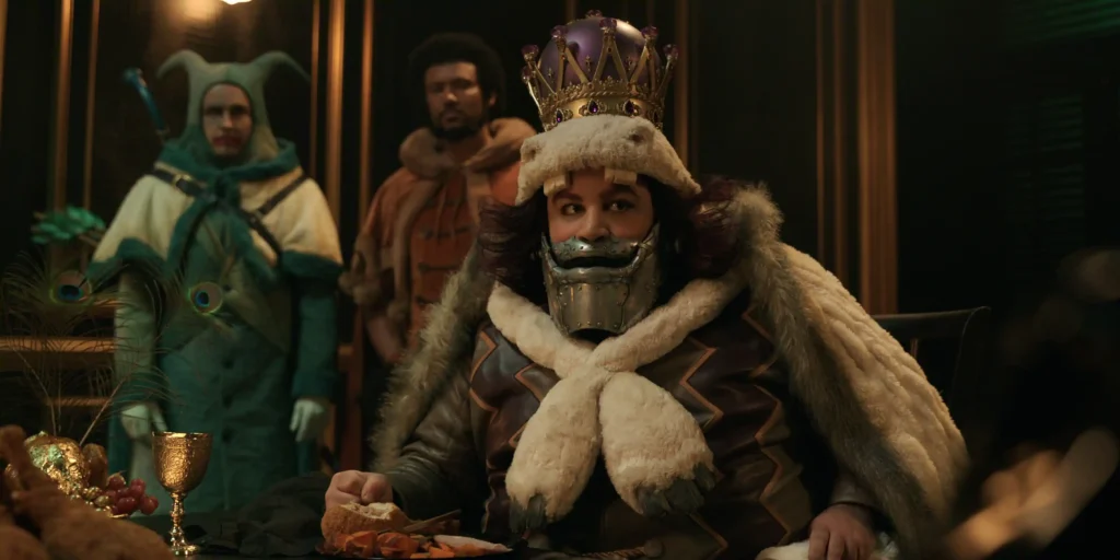 (L to R) Mark Penwill as Chess, Anton David Jeftha as Kuromarimo, Rob Colletti as Wapol in season 2 of One Piece.