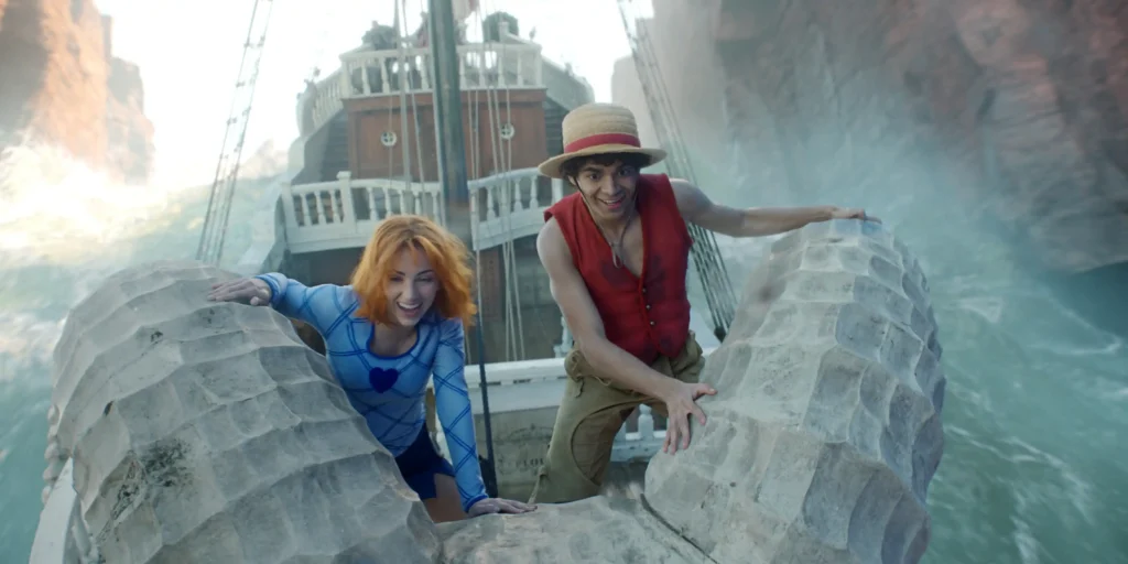 (L to R) Emily Rudd as Nami, In?aki Godoy as Monkey D. Luffy in season 2 of One Piece.