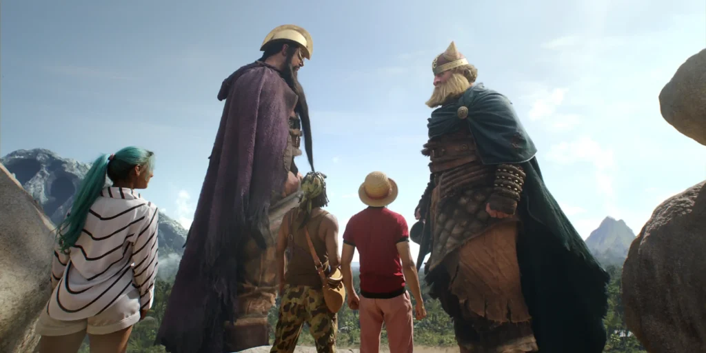 (L to R) Charithra Chandran as Miss Wednesday, Werner Coetser as Dory, Jacob Romero as Usopp, In?aki Godoy as Monkey D. Luffy, Brendan Murrary as Brogy in season 2 of One Piece.
