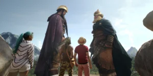 (L to R) Charithra Chandran as Miss Wednesday, Werner Coetser as Dory, Jacob Romero as Usopp, In?aki Godoy as Monkey D. Luffy, Brendan Murrary as Brogy in season 2 of One Piece.