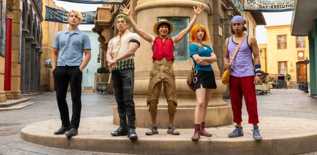 (L to R) Taz Skylar as Sanji, Mackenyu as Roronoa Zoro, In?aki Godoy as Monkey D. Luffy, Emily Rudd as Nami, Jacob Romero as Usopp in episode 201 of One Piece.