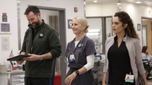 Noah Wyle, Katherine LaNasa and Sepideh Moafi in The Pitt Season 2