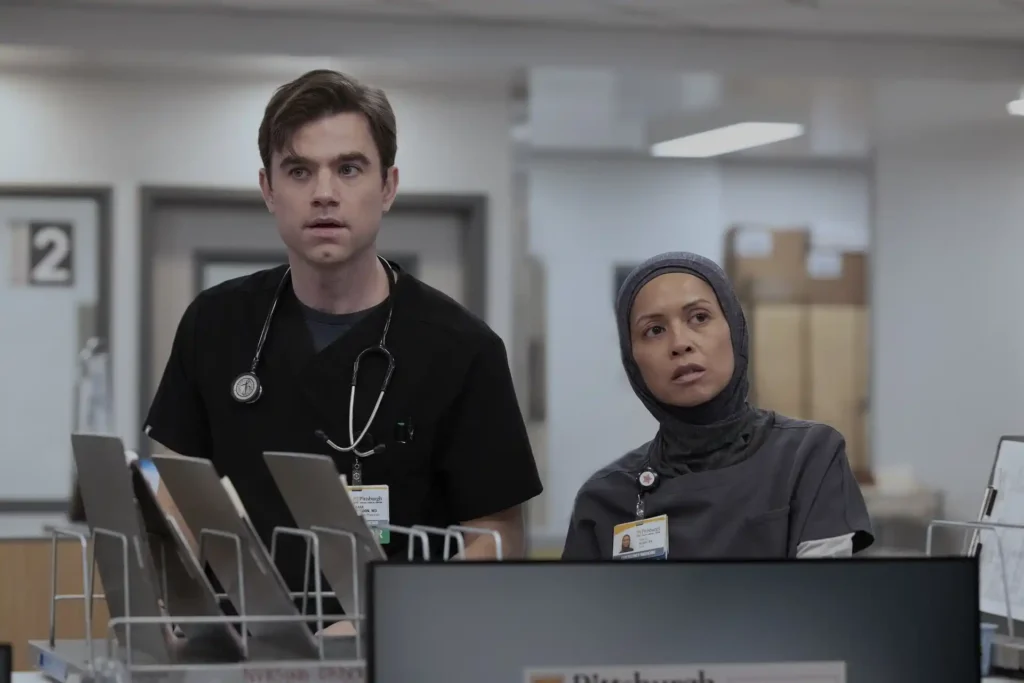 Patrick Ball and Amielynn Abellera in The Pitt Season 2