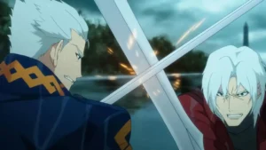 A still from Devil May Cry Season 2 showing Vergil and Dante crossing swords