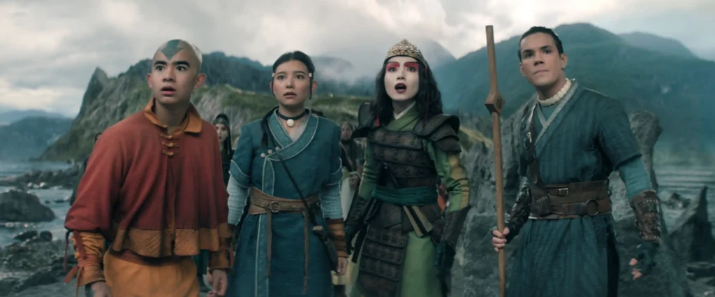 (L to R) Gordon Cormier as Aang, Kiawentiio Tarbell as Katara, Maria Zhang as Suki, Ian Ousley as Sokka in season 2 of Avatar: The Last Airbender.