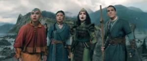 (L to R) Gordon Cormier as Aang, Kiawentiio Tarbell as Katara, Maria Zhang as Suki, Ian Ousley as Sokka in season 2 of Avatar: The Last Airbender.