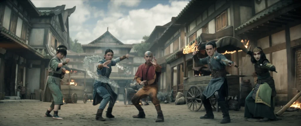 (L to R) Miyako as Toph, Kiawentiio Tarbell as Katara, Gordon Cormier as Aang, Ian Ousley as Sokka, Maria Zhang as Suki in episode 202 of Avatar: The Last Airbender.