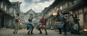 (L to R) Miyako as Toph, Kiawentiio Tarbell as Katara, Gordon Cormier as Aang, Ian Ousley as Sokka, Maria Zhang as Suki in episode 202 of Avatar: The Last Airbender.
