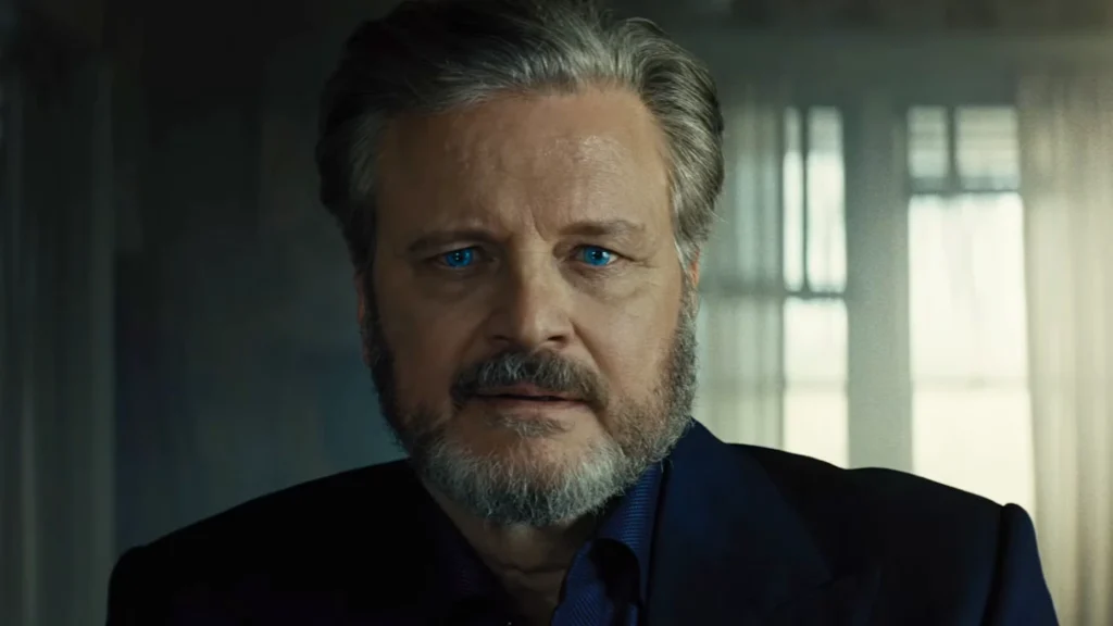 Colin Firth as Noah Scanlon in Disclosure Day with glowing blue alien eyes