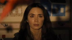Close-up of a tearful, wide-eyed Margaret (played by Emily Blunt) in Disclosure Day