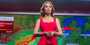 Emily Blunt as Margaret Fairchild standing in front of a weather forecast map on a news set, wearing a bright pink dress and looking upward with a stunned expression in Disclosure Day