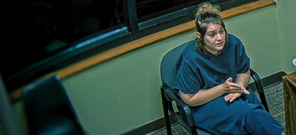 A surveillance camera still of Taylor Parker sitting in an interrogation room chair, wearing a dark short sleeved top, gesturing with her hands while speaking