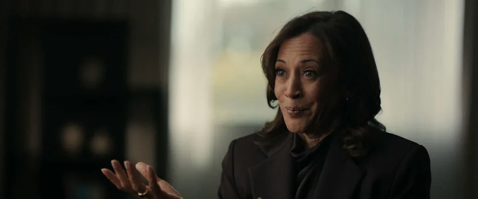 Kamala Harris answering questions and offering commentary in Netflix docuseries The American Experiment