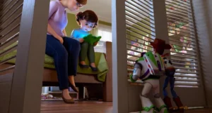 Buzz Lightyear and Woody peer out from a closet door watching Bonnie and her mom look at a tablet screen in Toy Story 5