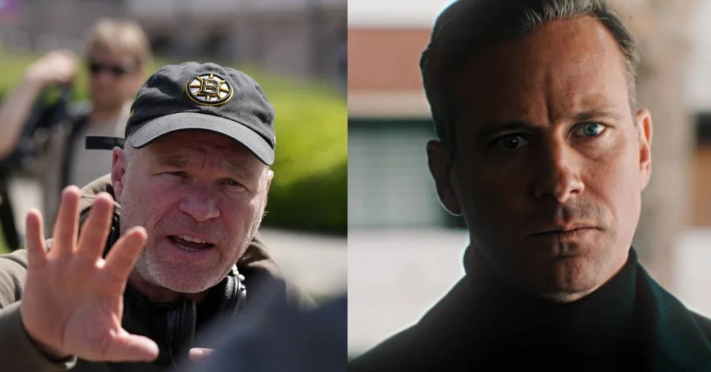 Side-by-side split screen featuring director Uwe Boll on set wearing a Boston Bruins cap on the left, and a close-up of actor Armie Hammer in the film Citizen Vigilante on the right